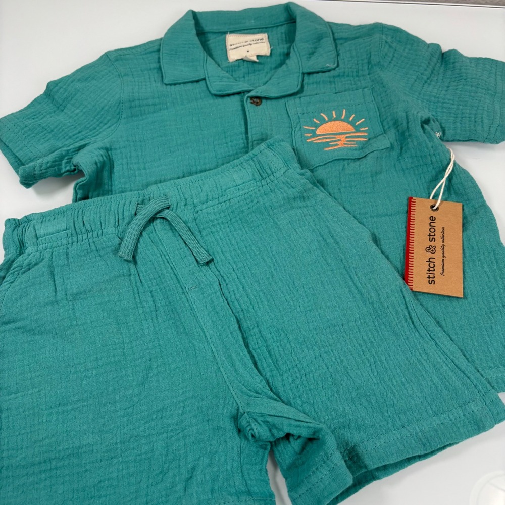 Stitch & Stone Boys Size 5 Teal Green Gauze Shirt and Shorts Set New Sun Boho